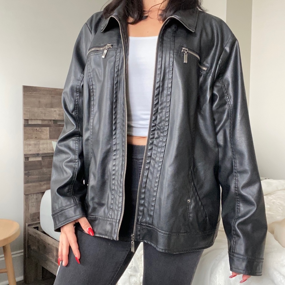 Over-sized women’s black leather jacket
